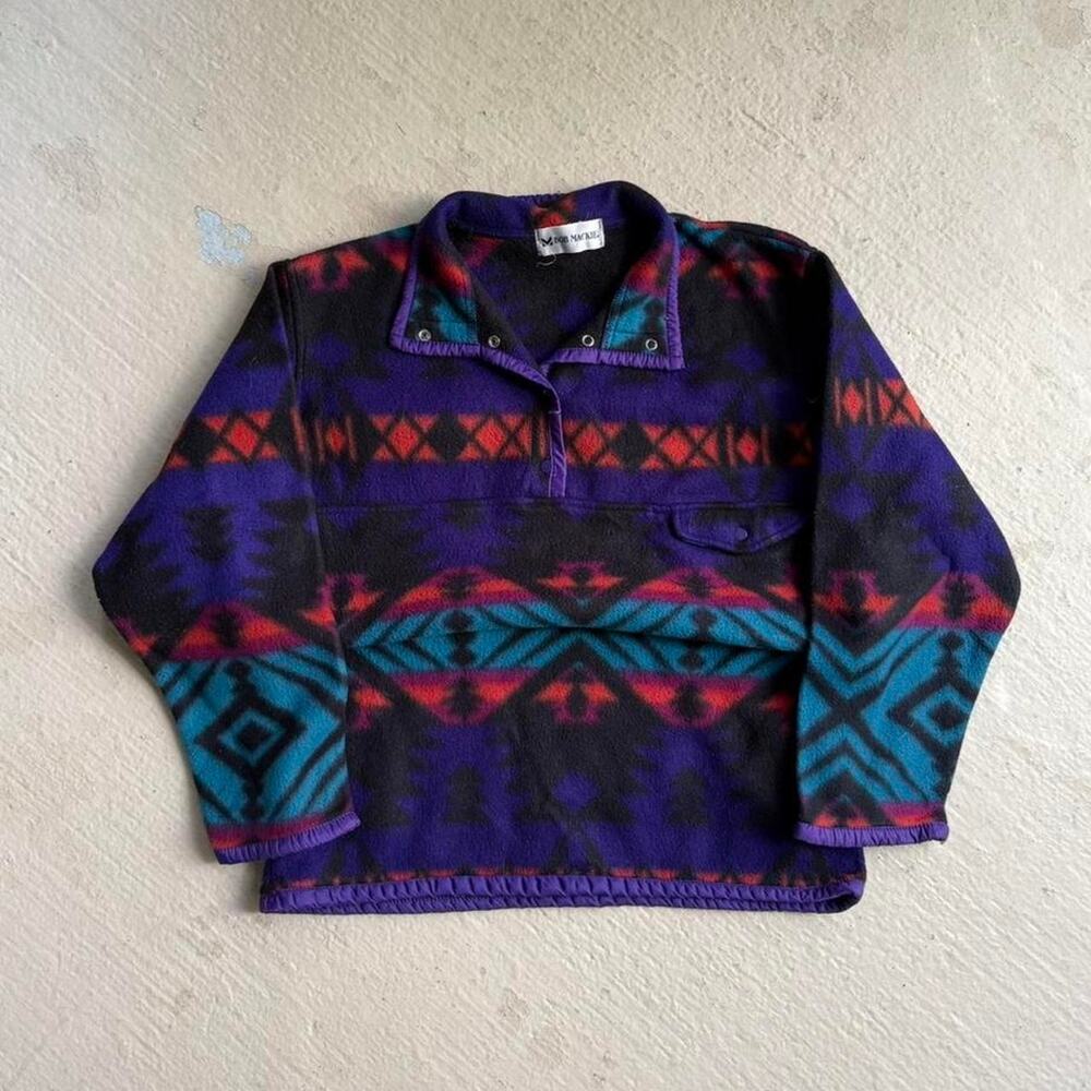 Vintage 90s Aztec Western Style Men's L Henley Buttoned Fleece